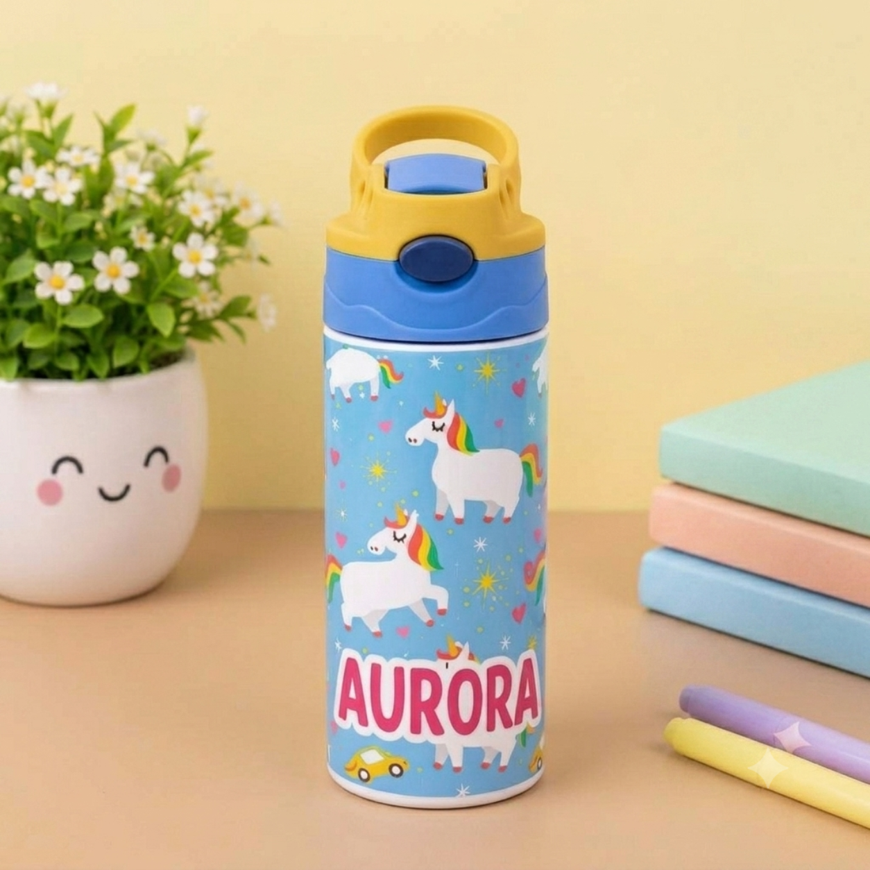 Unicorn Personalised Water Bottle (Colourful Unicorn - Blue)