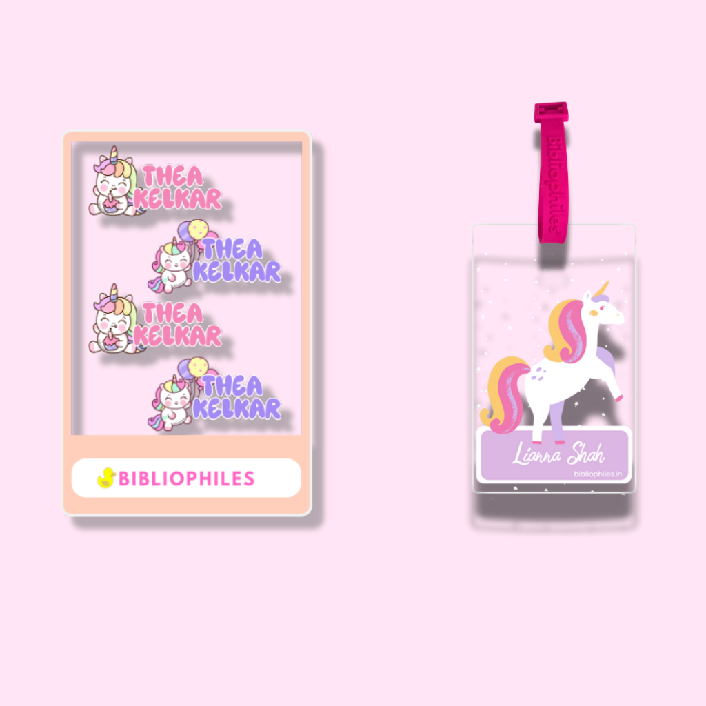 Essential Combo Unicorn Theme  Back to School  2 Transparent Labels & 2 Luggage Tag Combo 1 Child Name