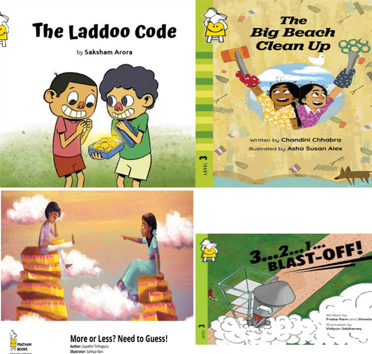 Pack of 4: The Laddoo code, The big beach clean up, More or less need to guess, 3,2,1....Blast off