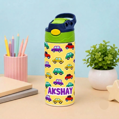 Colourful Cars Personalised Water Bottle (Colourful Cars-GreenYellow)