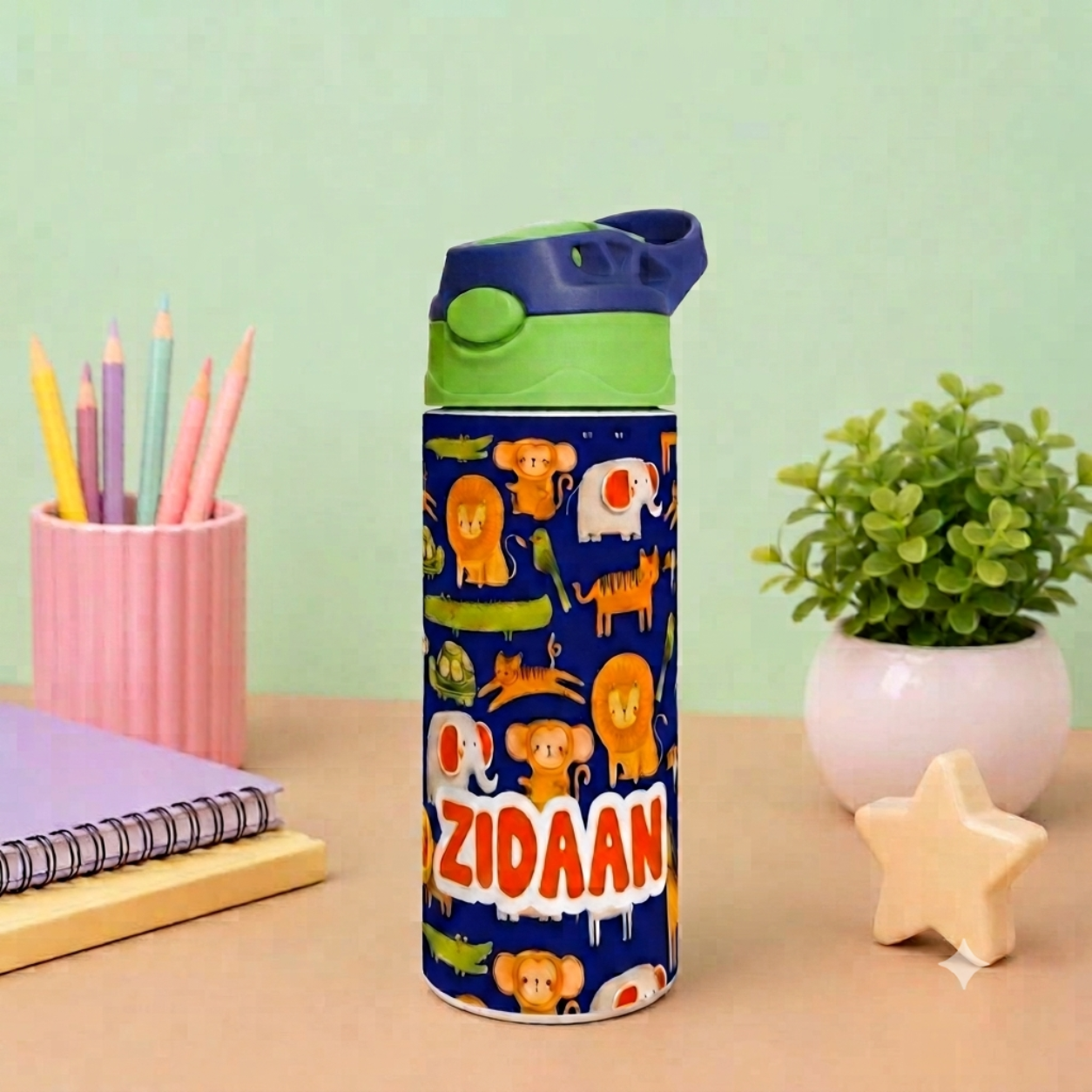 Zootii Personalised Water Bottle (Crazy Jungle-GreenBlue)
