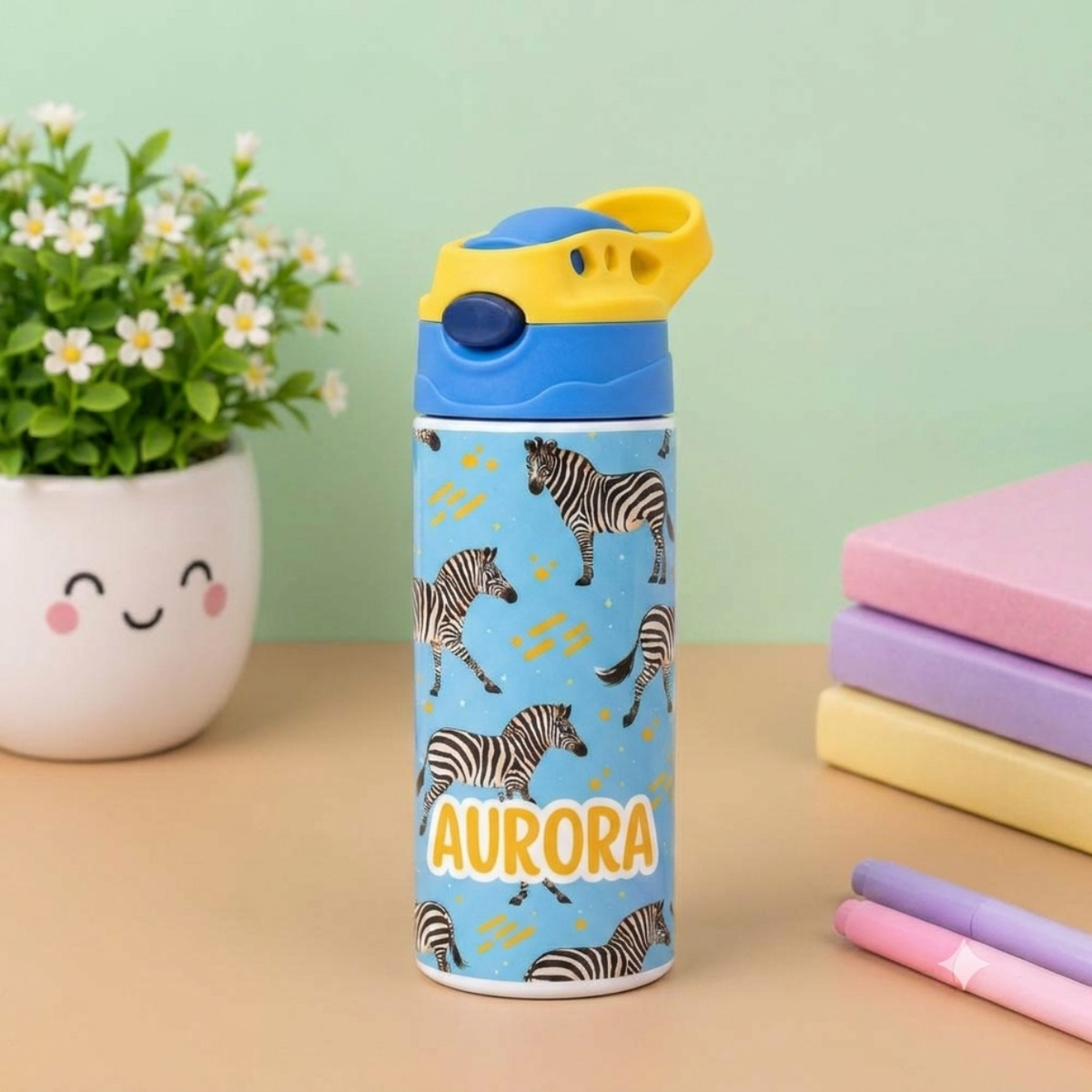 Zebra Personalised Water Bottle (Zebra - Blue)