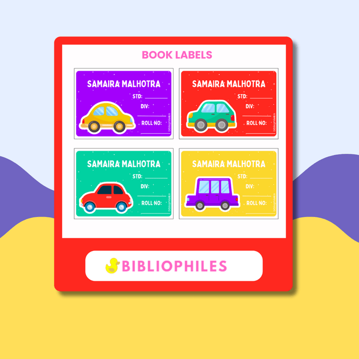 Back to School Combo - Colorful Cars ( Transparent Bag Tag Book Labels) - Bibliophiles