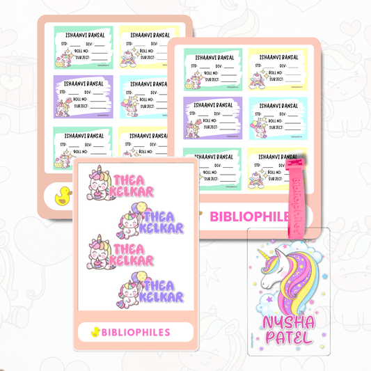 Back to School Combo - Unicorn ( Transparent Labels Bag Tag Book Labels) - Bibliophiles