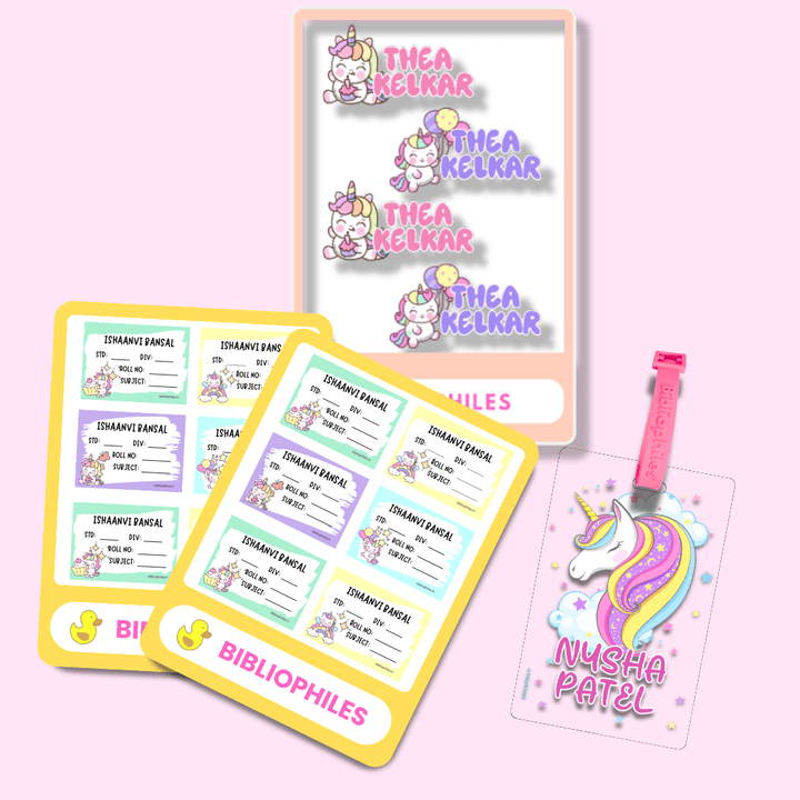 Back to School Combo - Unicorn ( Transparent Labels Bag Tag Book Labels) - Bibliophiles