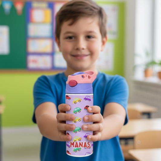 Colourful Cars Personalised Water Bottle (Colourful Cars-Purple)