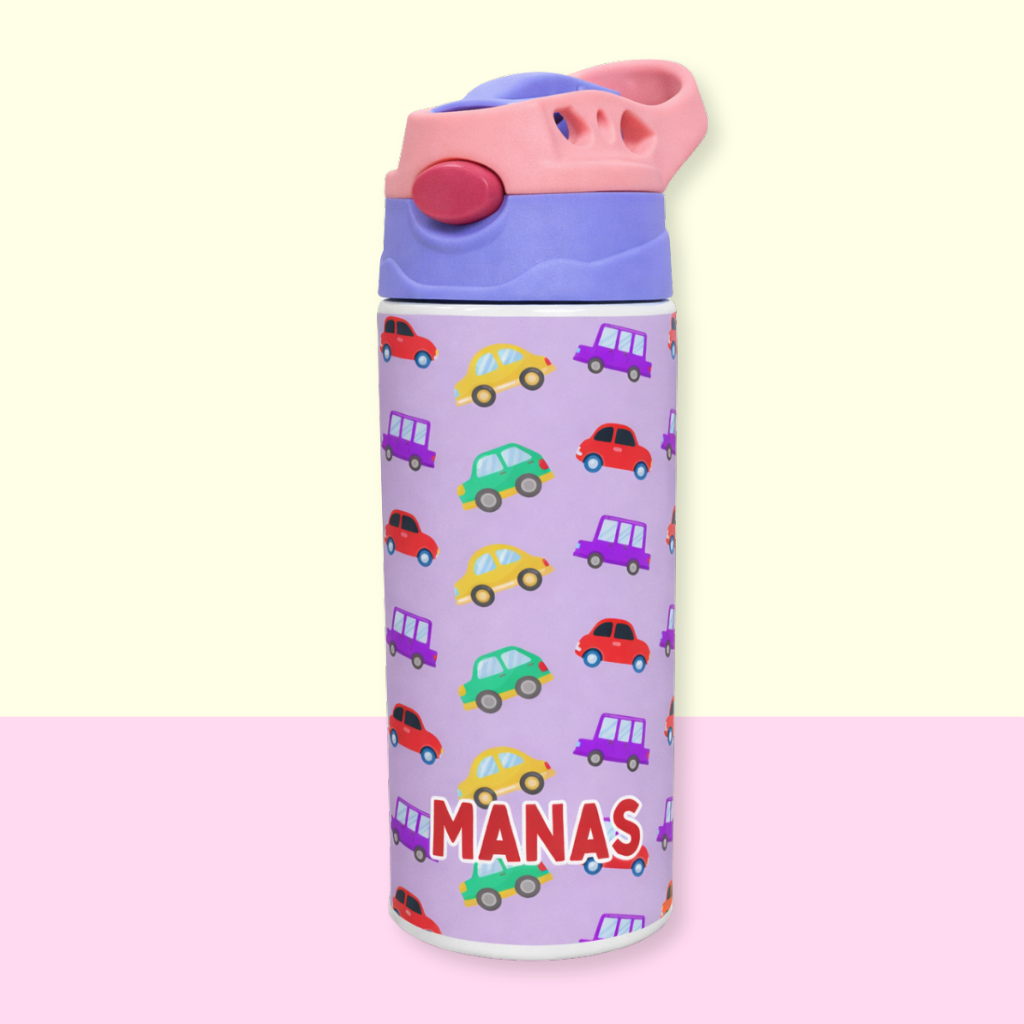 Colourful Cars Personalised Water Bottle (Colourful Cars-Purple)