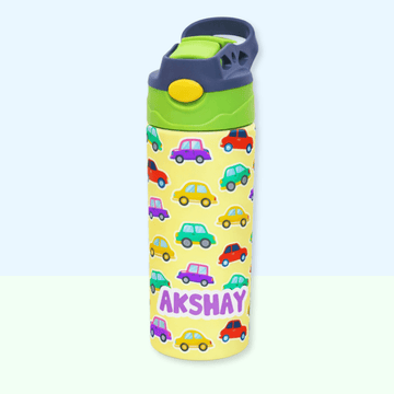 Colourful Cars Personalised Water Bottle (Colourful Cars - GreenYellow) - Bibliophiles