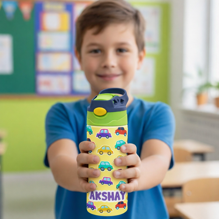 Colourful Cars Personalised Water Bottle (Colourful Cars - GreenYellow) - Bibliophiles