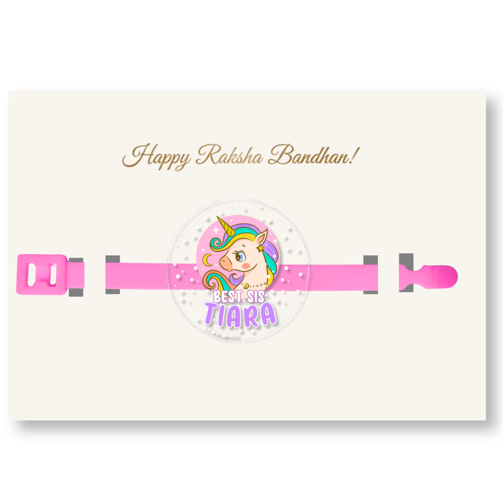 Transparent Unicorn Joy Rakhi for kids featuring a custom name, perfect personalized Rakhi for Raksha Bandhan