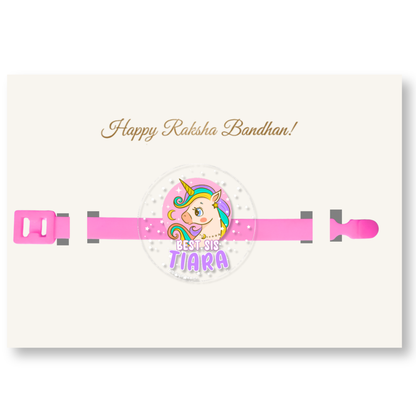 Transparent Unicorn Joy Rakhi for kids featuring a custom name, perfect personalized Rakhi for Raksha Bandhan