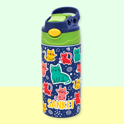 Kitty Cats Personalised Water Bottle (Kitty Cats - GreenYellow) - Bibliophiles