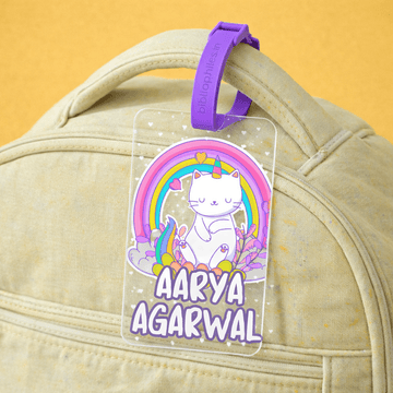 Personalised Rainbow Cat transparent bag tag for kids