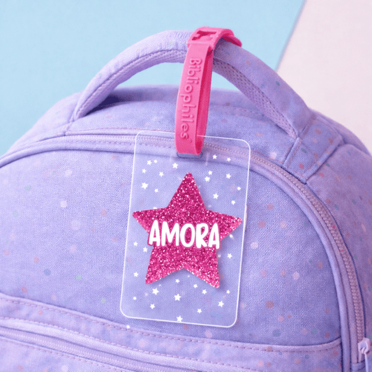 Luggage Tag - Sparkling Star Pink (Transparent Tag) - Bibliophiles