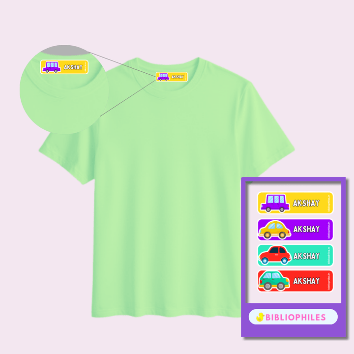 Personalised Clothes Stickers - Colourful Cars - Bibliophiles