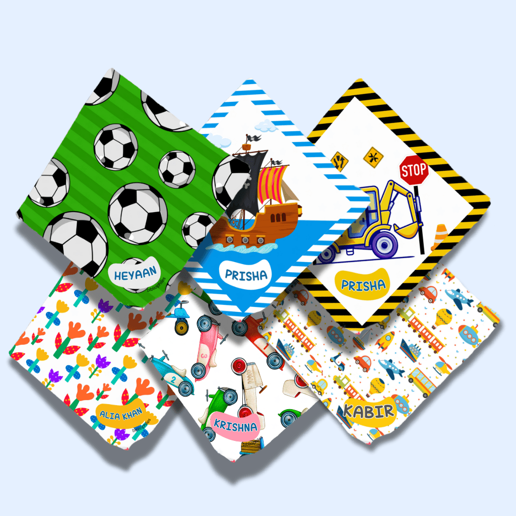 Personalised Muslin Handkerchief Set - Adventure (Pack of 6) with Name Labels - Bibliophiles