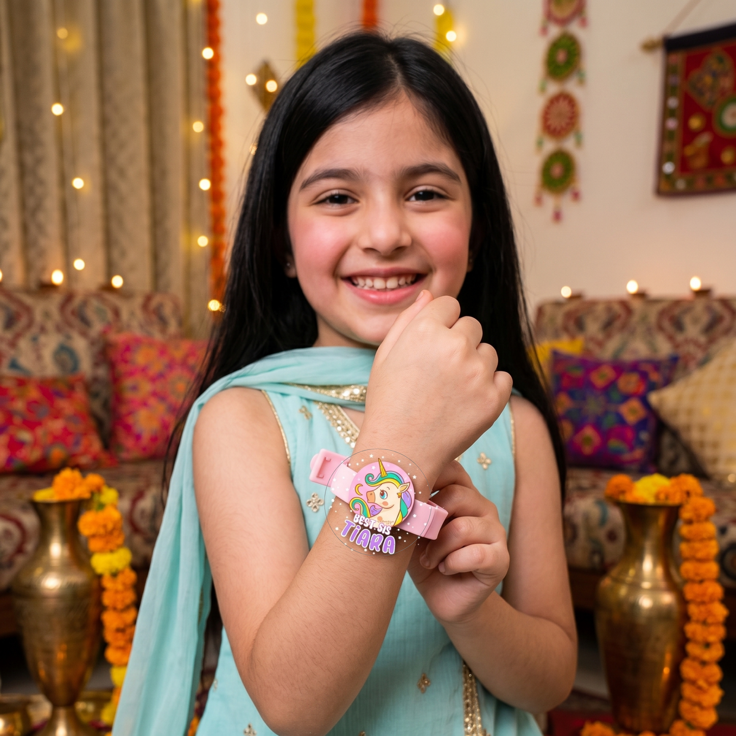 Personalized Unicorn Joy Rakhi for kids with custom name, transparent design and unique Raksha Bandhan gift
