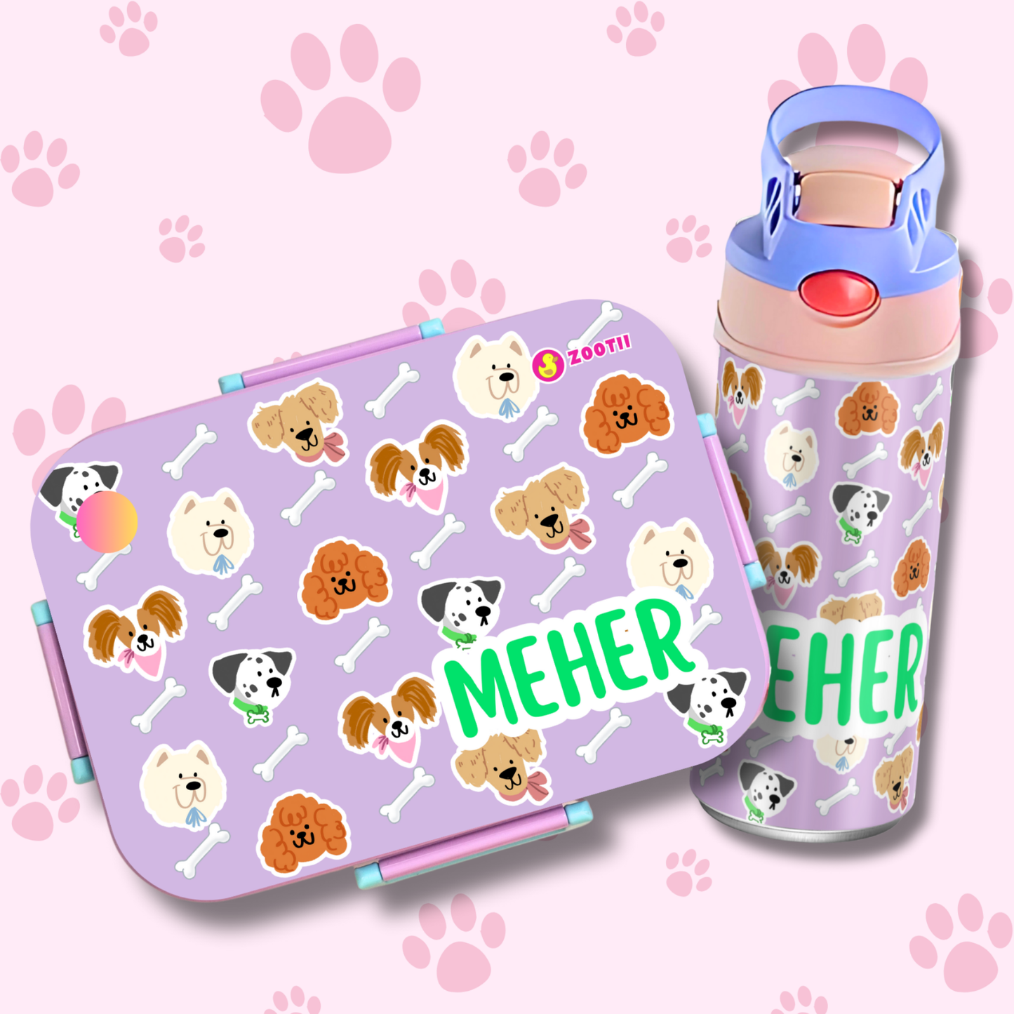 Premium Bento Lunch Box & Water Bottle - Puppies