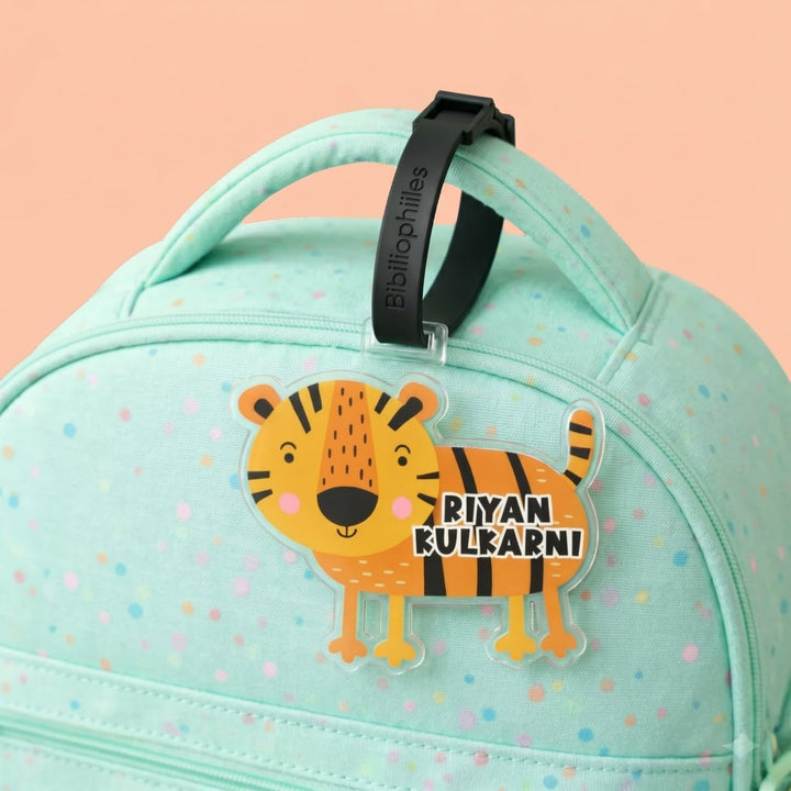 Personalised Bag Tags for Kids India – Tiger Shape Design | Zootii by Bibliophiles