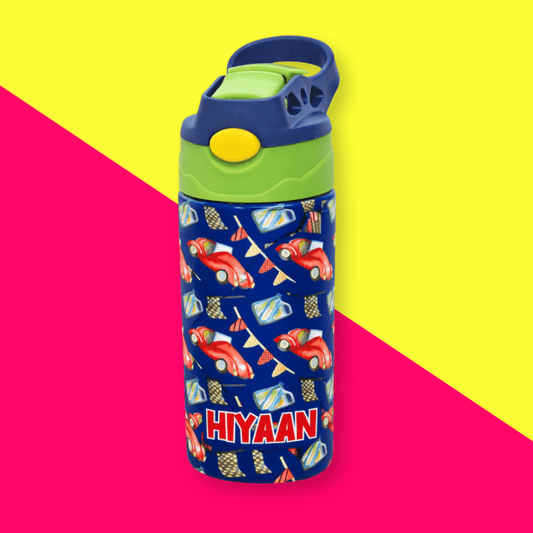 Vintage Race Car Personalised Water Bottle (GreenYellow) - Bibliophiles